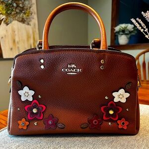 Coach mini Lillie carryall-color saddle with multi color leather floral appliqué